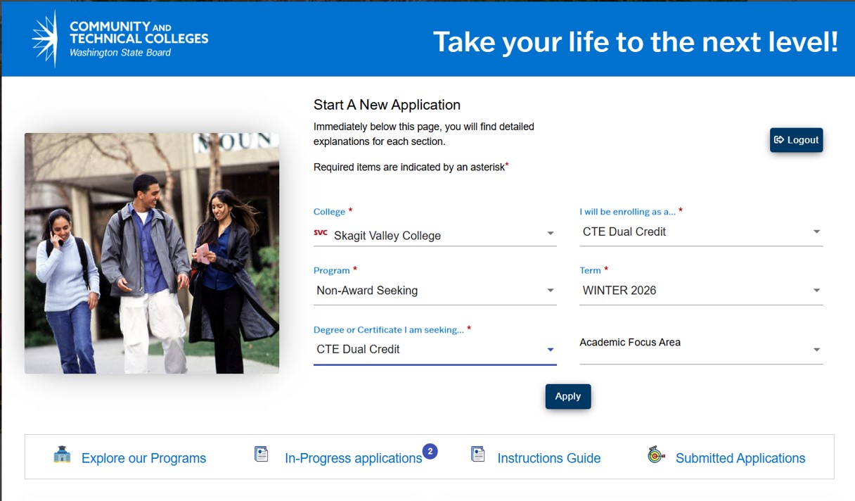 Webpage: OAAP Application with the following fields: College: SVC, I will be enrolling as: CTE Dual Credit, Degree: Non-Award Seeking, Term: Choose next available term, Degree or Certificate: CTE Dual Credit, Academic Focus Area: Should be left blank